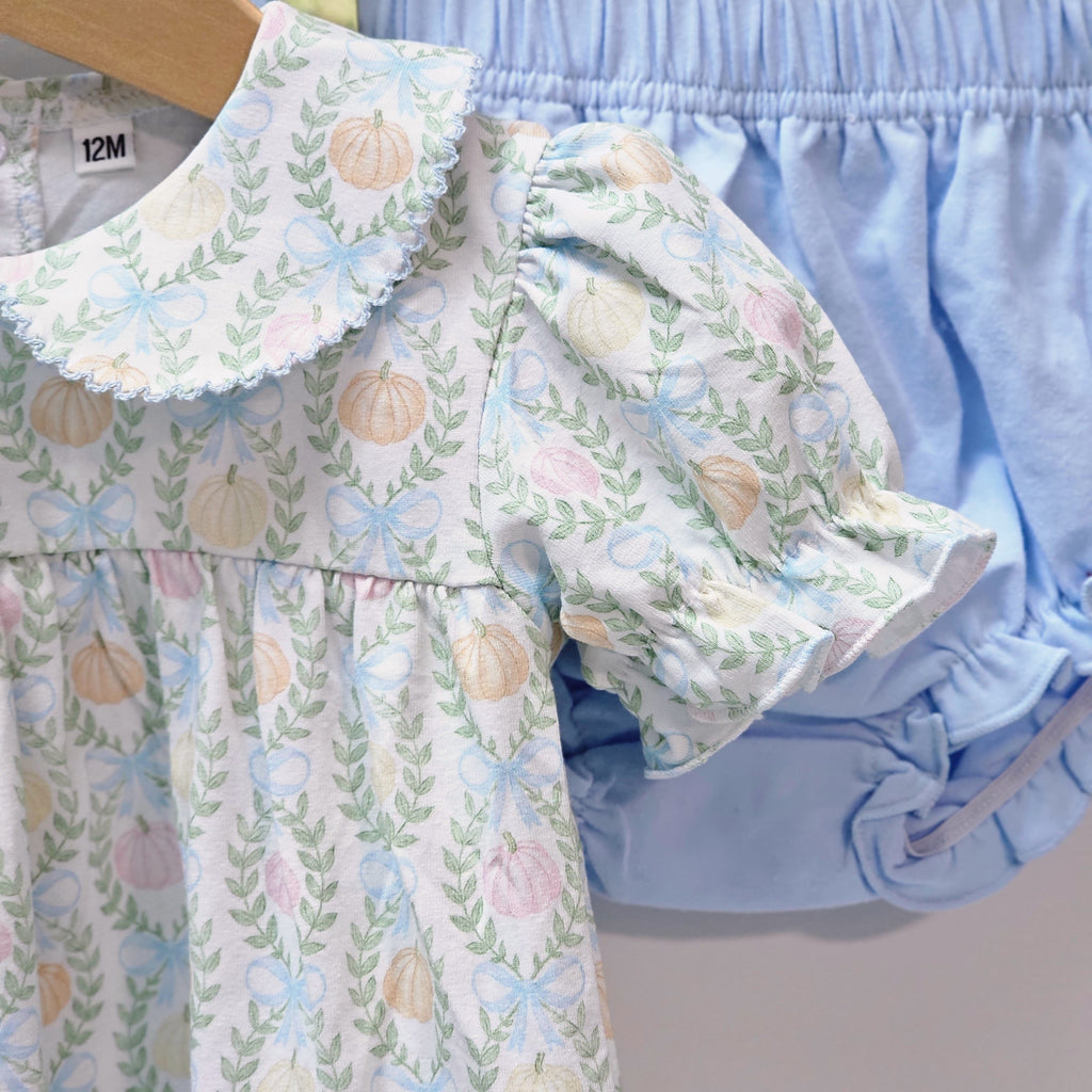 Short Sleeve Bloomer Set in Bow Pumpkin Print