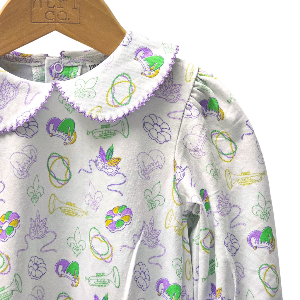 Long Sleeve Collard Bubble in Mardi Gras Print