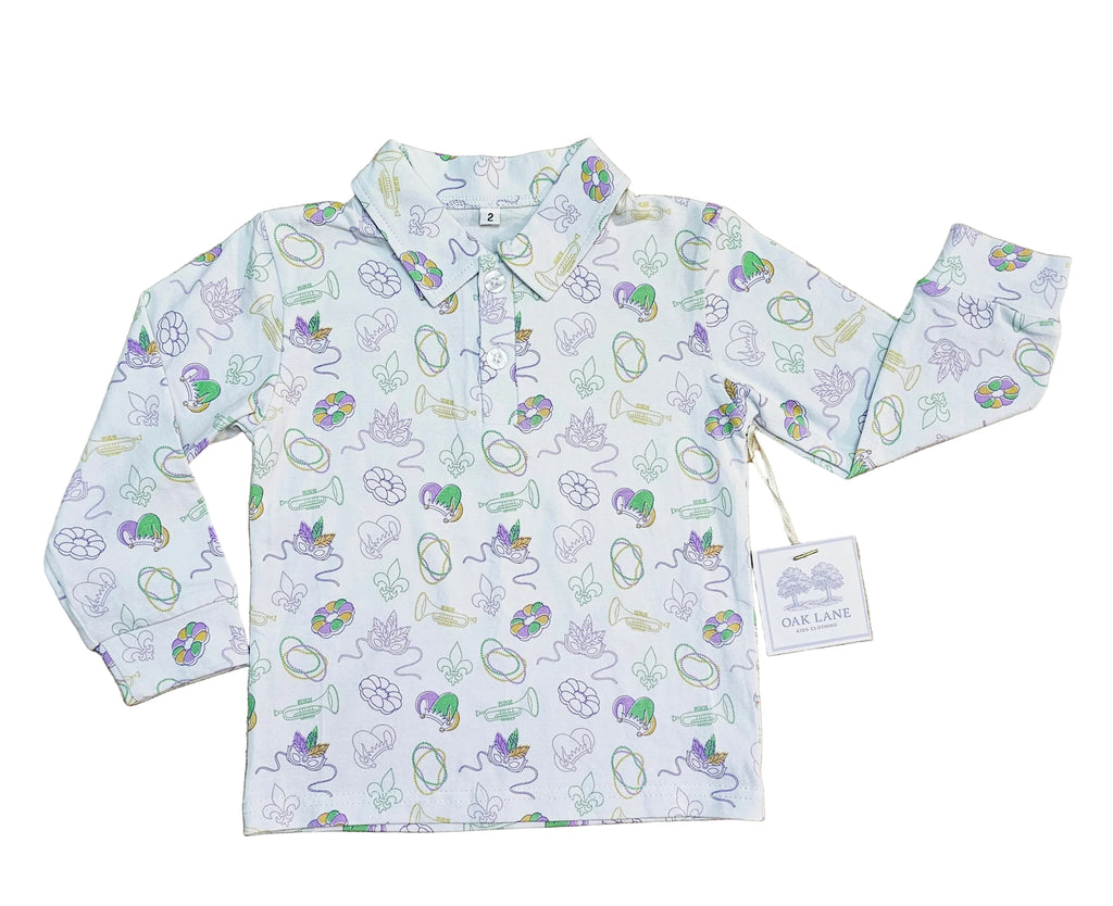 Long Sleeve Polo in Mardi Gras Print