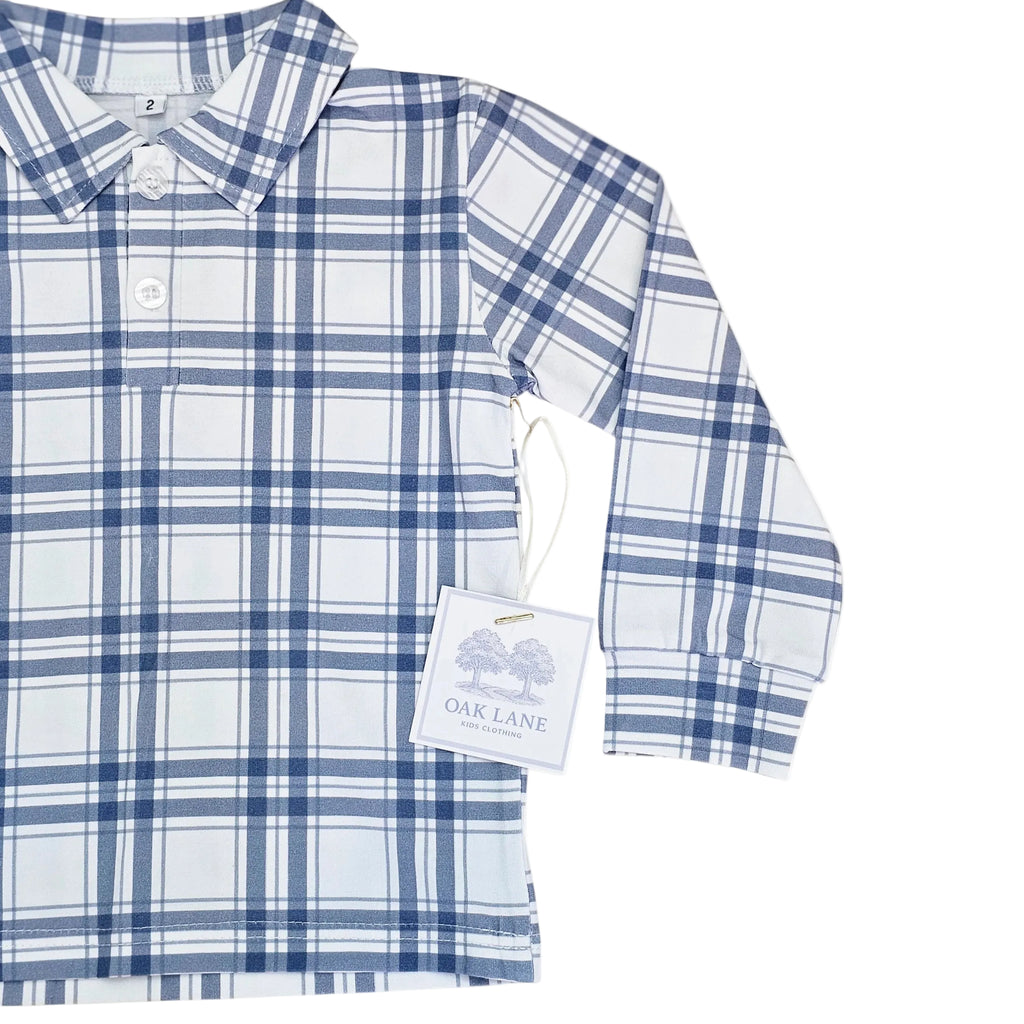 Long Sleeve Polo in Navy Plaid