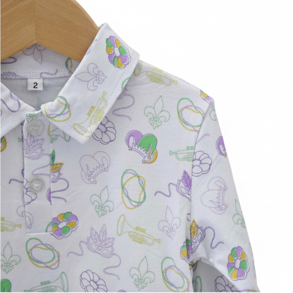 Long Sleeve Polo in Mardi Gras Print