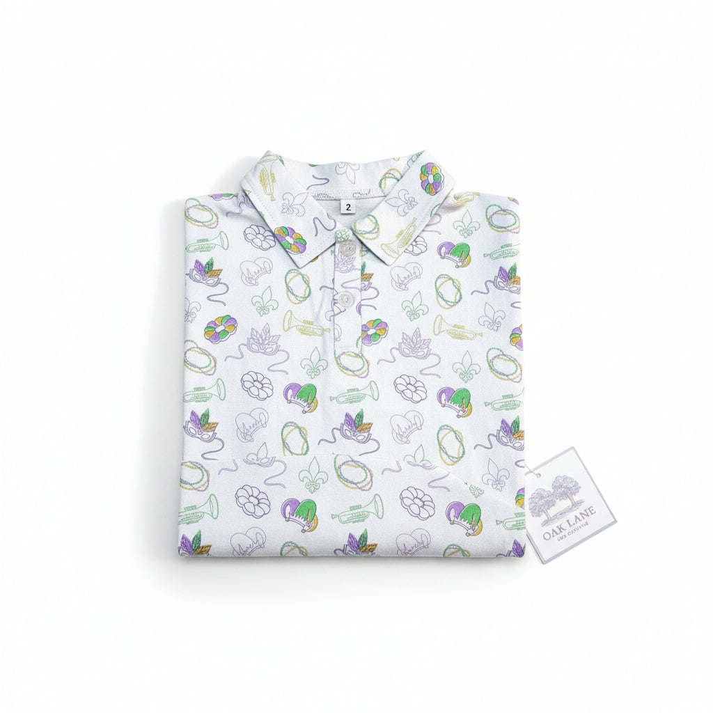 Long Sleeve Polo in Mardi Gras Print