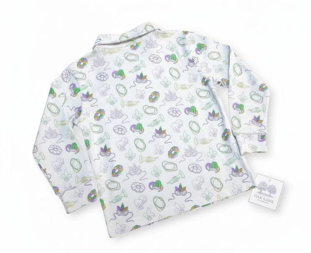Long Sleeve Polo in Mardi Gras Print