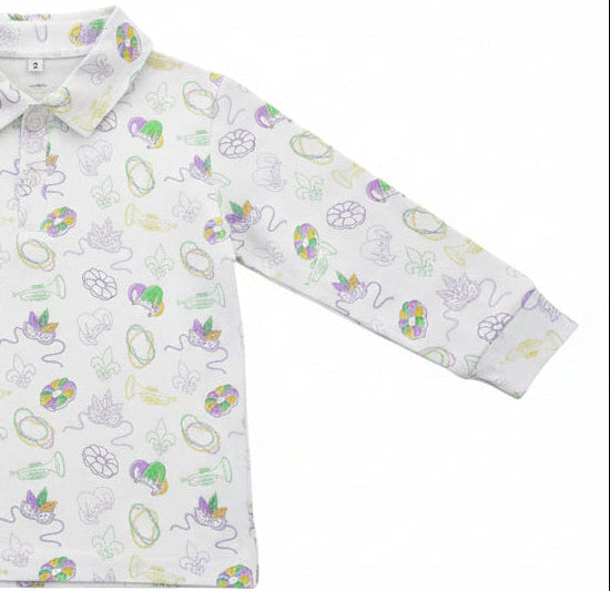 Long Sleeve Polo in Mardi Gras Print