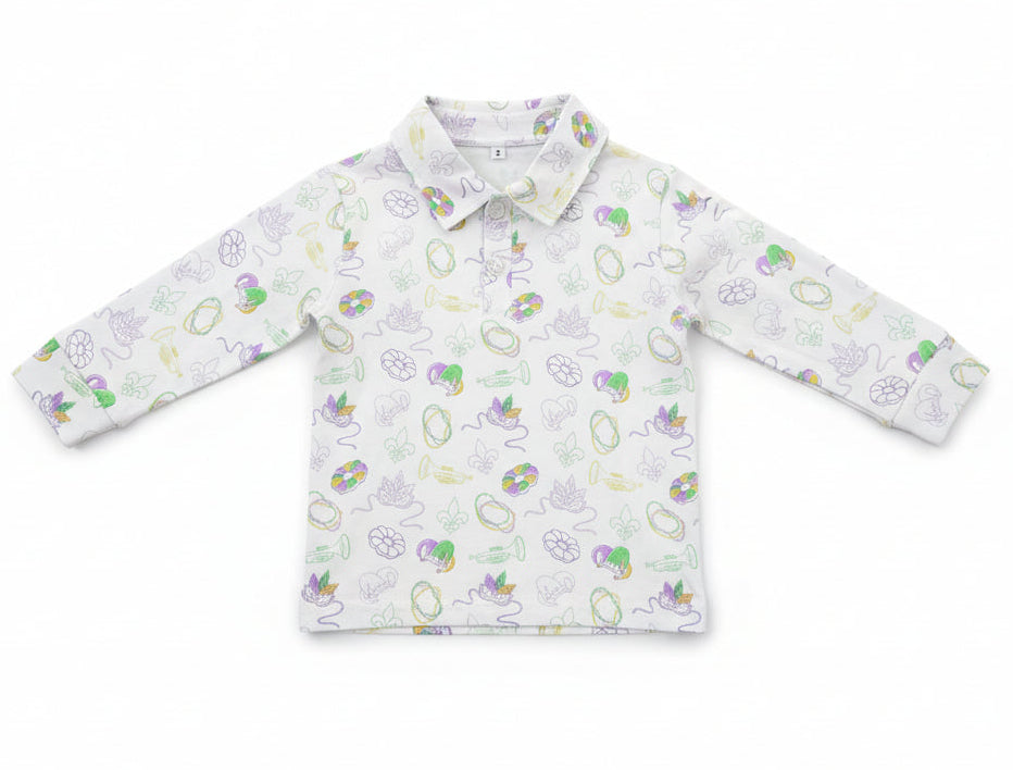 Long Sleeve Polo in Mardi Gras Print