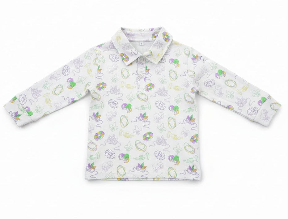 Long Sleeve Polo in Mardi Gras Print