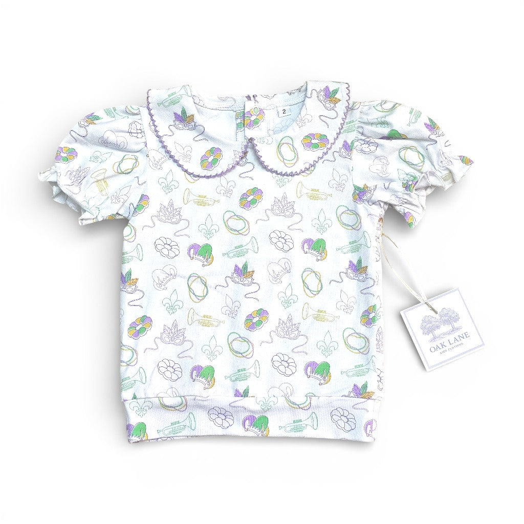 Collared Tunic Set in Mardi Gras Print with Purple Pants