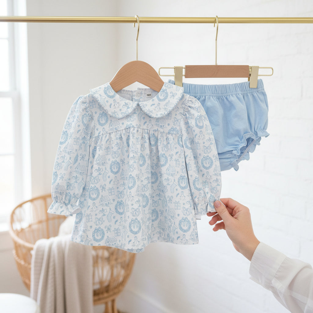 Long Sleeve Bloomer Set in Christmas Toile