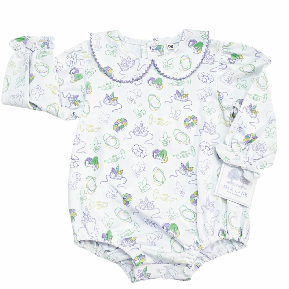 Long Sleeve Collard Bubble in Mardi Gras Print