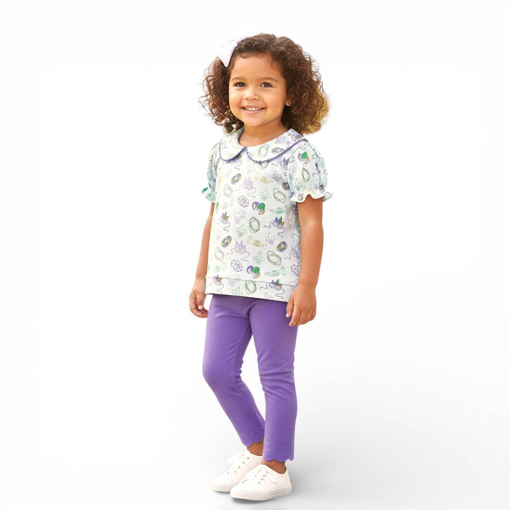 Collared Tunic Set in Mardi Gras Print with Purple Pants