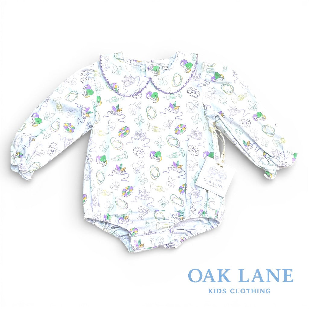 Long Sleeve Collard Bubble in Mardi Gras Print