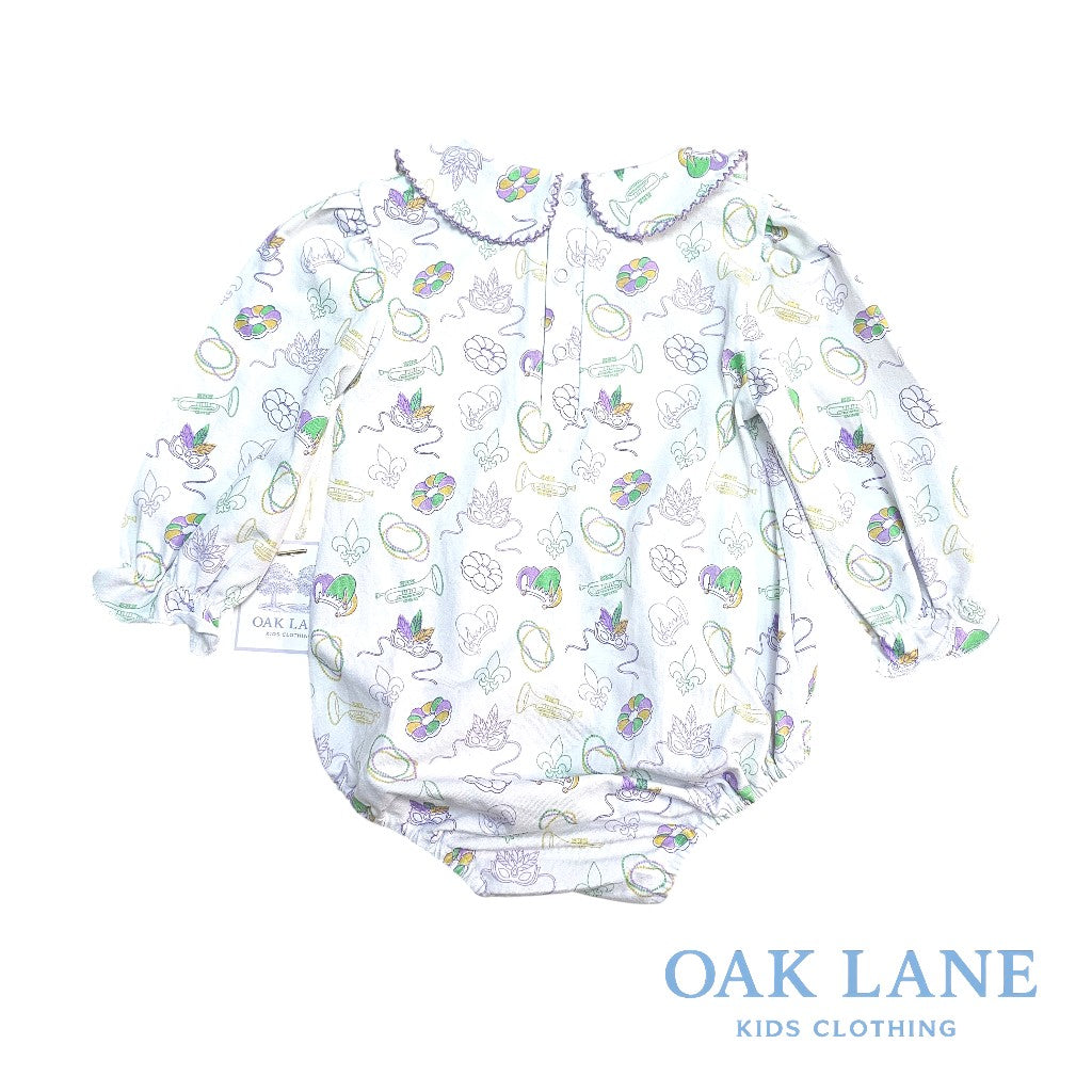 Long Sleeve Collard Bubble in Mardi Gras Print