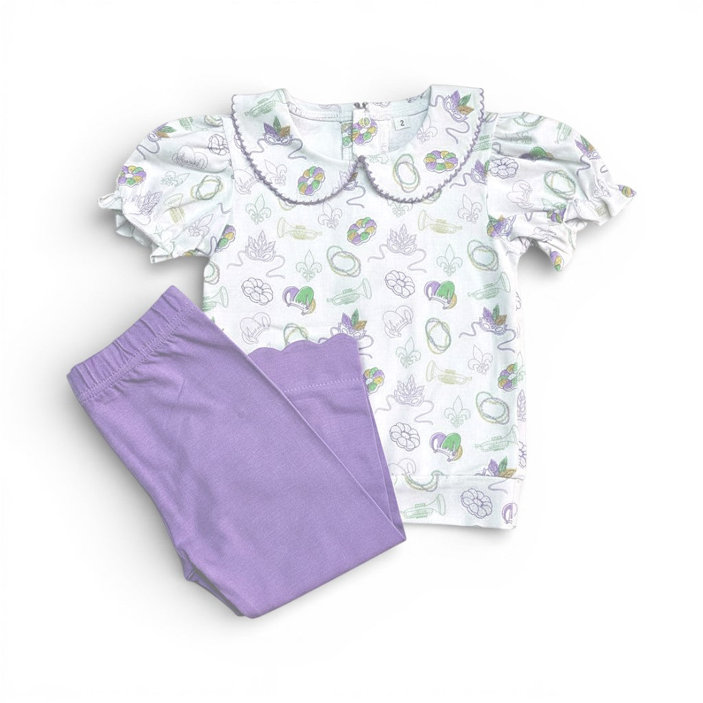 Collared Tunic Set in Mardi Gras Print with Purple Pants